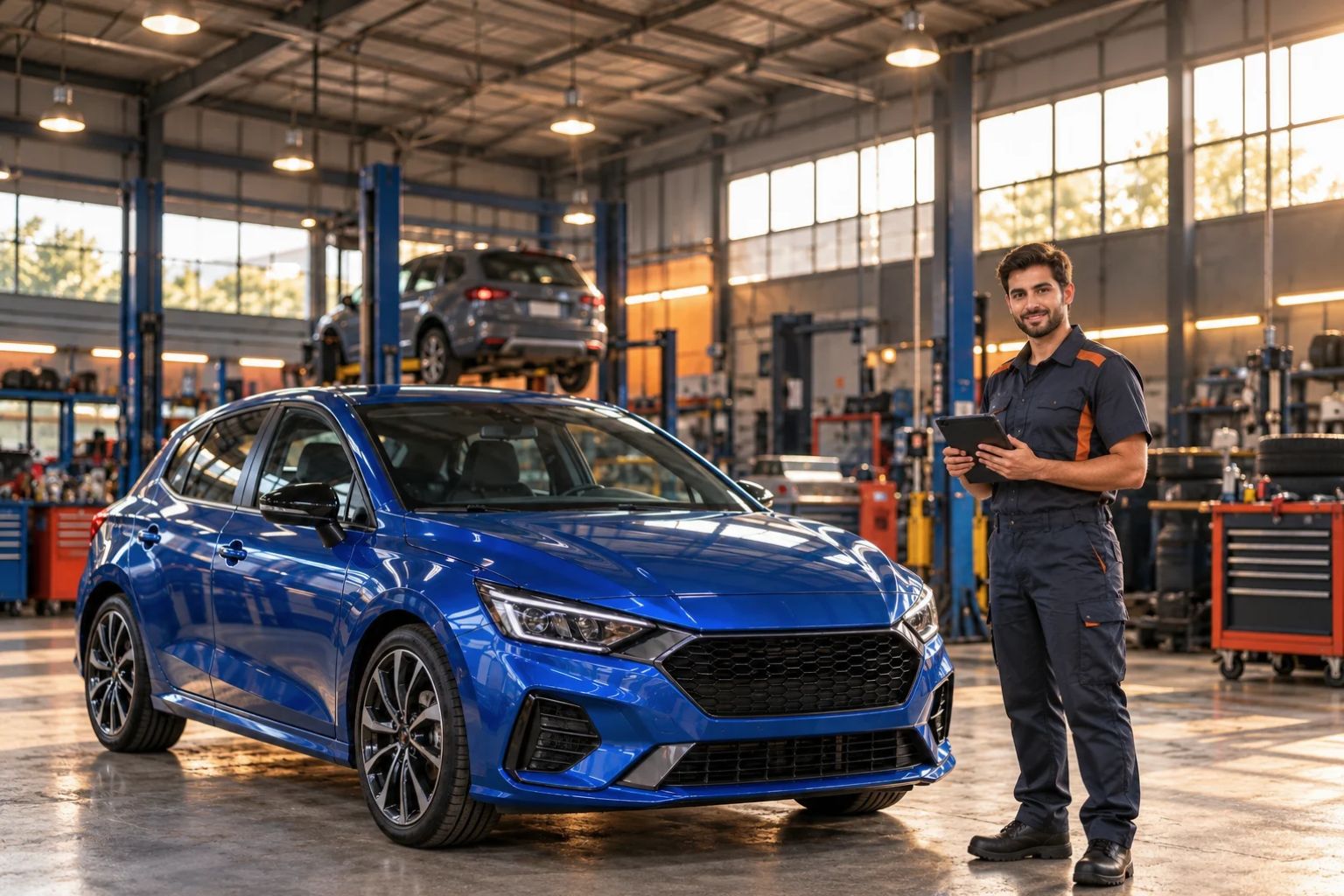 Mecánico junto a un vehículo azul en un taller moderno.